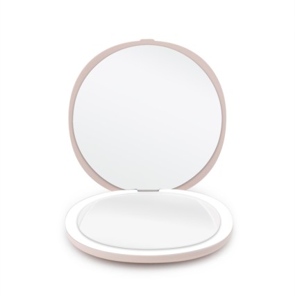 Compact Double-Sided Travel Mirror with LED and 5x Magnification - Pink