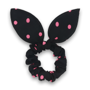 Scrunchie w. Bunny Ears - Black w. Pink Dots