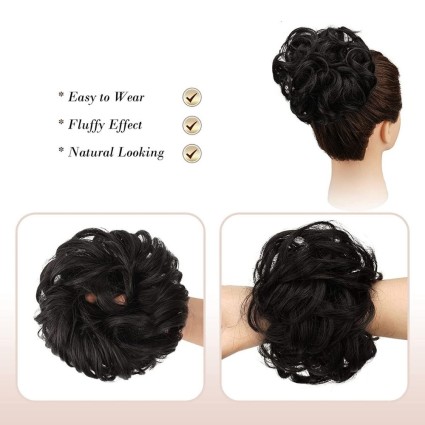 Messy Bun hair elastics with curly artificial hair - #4 Black Brown