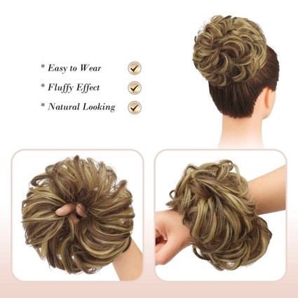 Messy Bun hair elastics with curly artificial hair - 9H19 Blond & Medium Brun