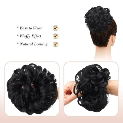 Messy Bun hair elastics with curly artificial hair - 1# Jet Black