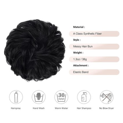 Messy Bun hair elastics with curly artificial hair - 1# Jet Black