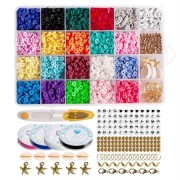 Clay beads - KREA DIY Acrylic Bead Jewelry Set with beads in cheerful colors, elastic bands, locks, scissors - 1 box with 24 compartments