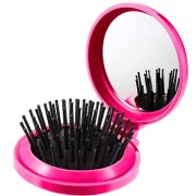 Compact makeup mirror with brush - pink